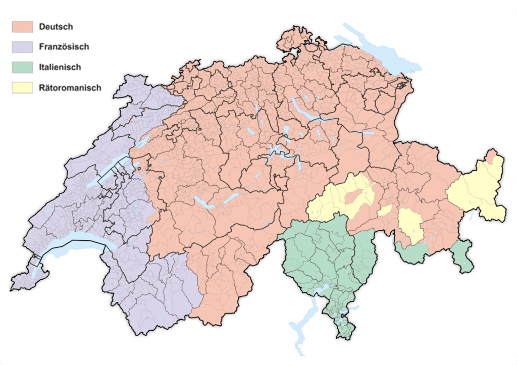Karte Sprachen der Schweiz – Deutsch, Französisch, Italienisch, Rätoromanisch (Kantone)