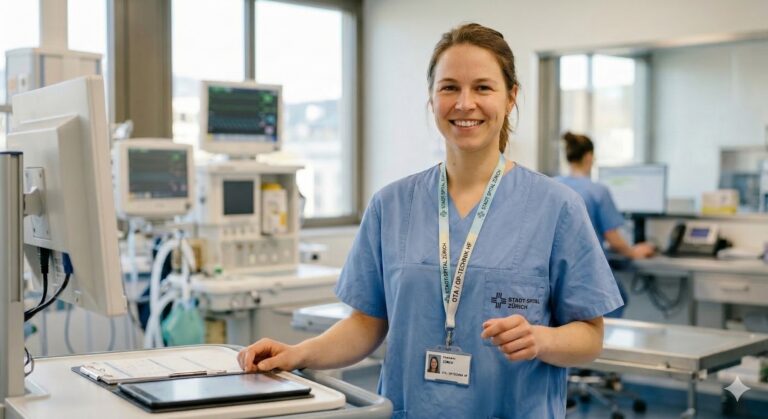 Sarah, Operationstechnische Assistentin (OTA), lächelt am Zürichsee nach ihrem Umzug in die Schweiz